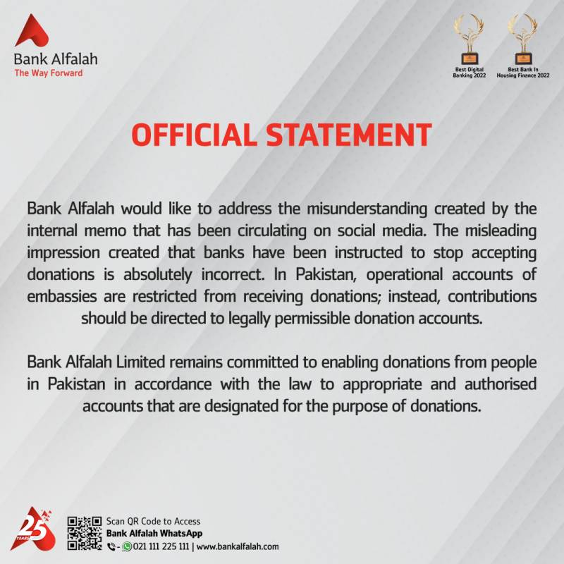 Banks Stopped From Accepting Donations? Bank Alfalah Clarifies Leaked Memo